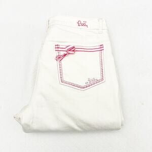 Lilly Pulitzer White Denim Jeans Pink Stitching Wide Leg Size 8